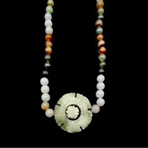Vintage Multi Color Jade Bead Carved Jade Medallion Necklace